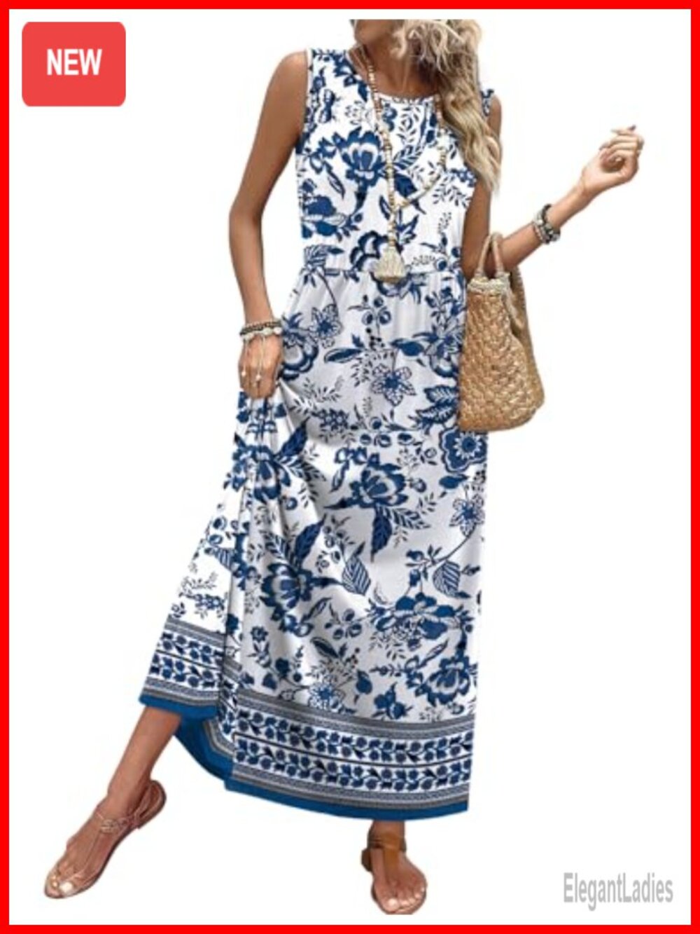 WIHOLL Women's A-Line Maxi Dress Sleeveless Sundress with Pockets